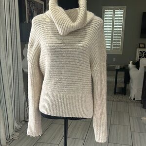 Express Cream Cowl Neck Sweater with Ribbed Texture